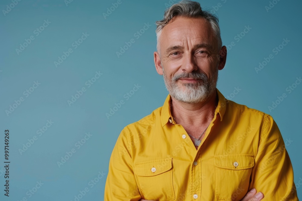 Charming mature man in yellow shirt shows content emotions. Charming mature man in yellow shirt shows content emotions.