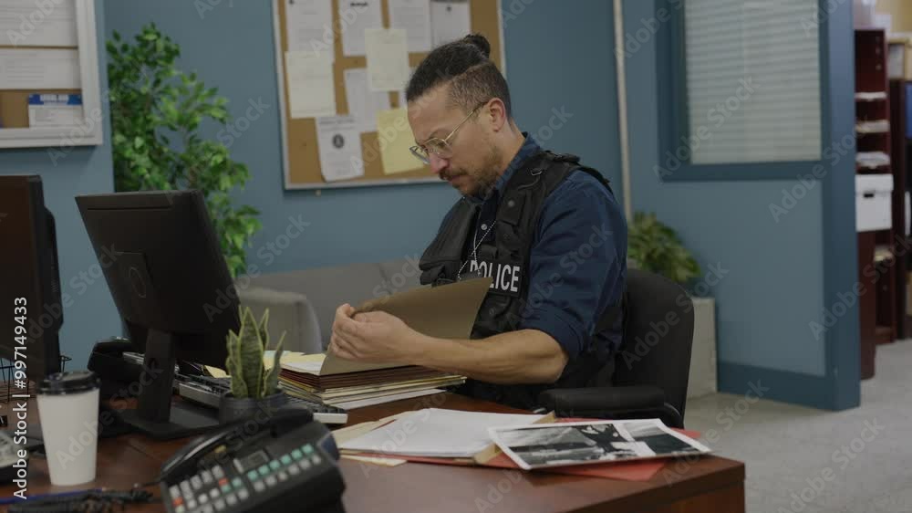 police officer going through stacks of documents police officer going through stacks of documents