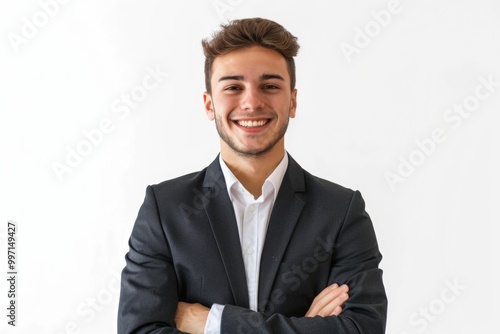 Portrait of happy smiling young businessman isolated on white background. Business success concept.