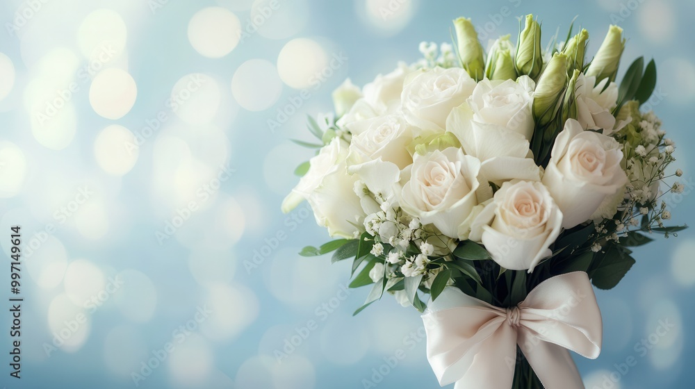 This delicate bouquet features white roses and lilies, beautifully arranged and tied with a silk ribbon, placed in a serene setting. Generative AI This delicate bouquet features white roses and lilies, beautifully arranged and tied with a silk ribbon, placed in a serene setting. Generative AI