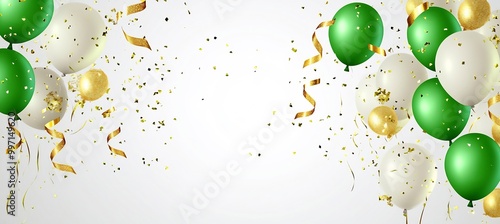 Green and white balloons with golden ribbons on a light background photo