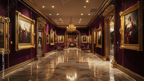 An opulent personal gallery with velvet walls to highlight gold-framed masterpieces, marble floors, and sophisticated lighting to showcase the art collection