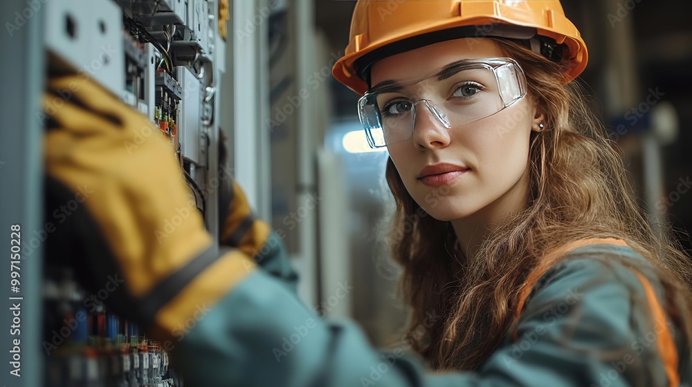 A focused female technician working on electrical equipment, showcasing her professionalism and commitment in a safety helmet. A focused female technician working on electrical equipment, showcasing her professionalism and commitment in a safety helmet.