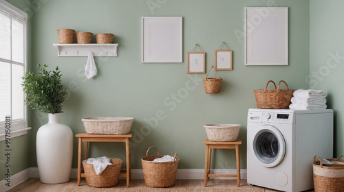 A concept image of a laundry area interior design mockup template, high-resolution 3d illustration interior rendering.