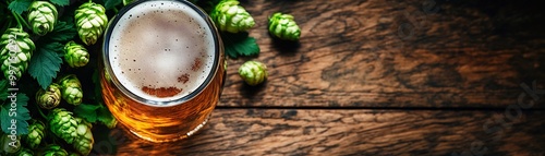 A glass of craft beer with green hop cones on a wooden table, top view photo