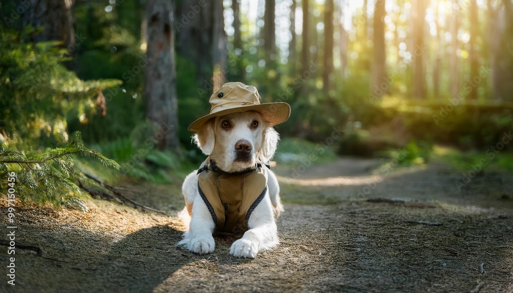 Dog in hat on forest path. Generated image Dog in hat on forest path. Generated image