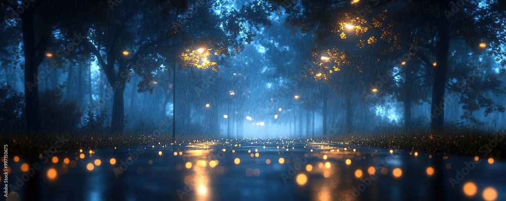 Obraz premium A serene nighttime scene with glowing lights illuminating a beautiful, misty forest path surrounded by tranquil nature.