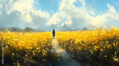 Wallpaper Mural Along the path in a winter morning through a vast field i was walking. it was full of golden mustard flowers. Golden Fields. Illustration Torontodigital.ca