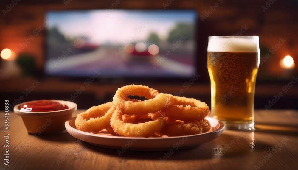 A Plate Of Crispy Onion Rings Served With A Side Of Ketchup And A Cold Beer and TV showing a football match. Generated image A Plate Of Crispy Onion Rings Served With A Side Of Ketchup And A Cold Beer and TV showing a football match. Generated image
