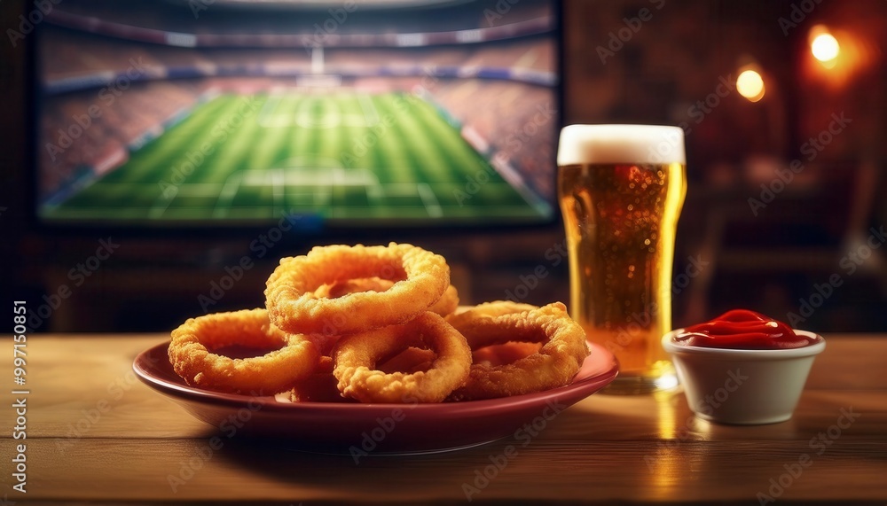 A Plate Of Crispy Onion Rings Served With A Side Of Ketchup And A Cold Beer and TV showing a football match. Generated image A Plate Of Crispy Onion Rings Served With A Side Of Ketchup And A Cold Beer and TV showing a football match. Generated image