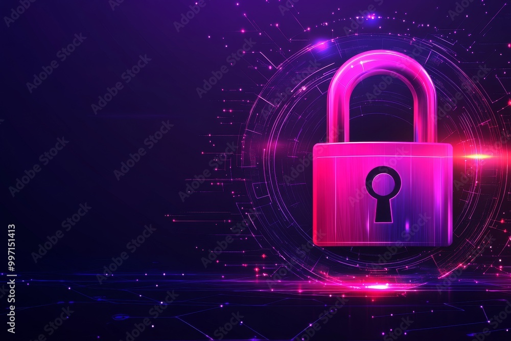 Futuristic lock icon glowing in neon pink and purple surrounded by digital circuitry patterns representing online privacy cybersecurity and modern technology protection Futuristic lock icon glowing in neon pink and purple surrounded by digital circuitry patterns representing online privacy cybersecurity and modern technology protection