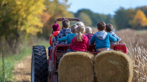 Wallpaper Mural Group of children riding on a hay bale tractor during an outdoor farm adventure, having fun exploring nature and enjoying a countryside experience. Torontodigital.ca