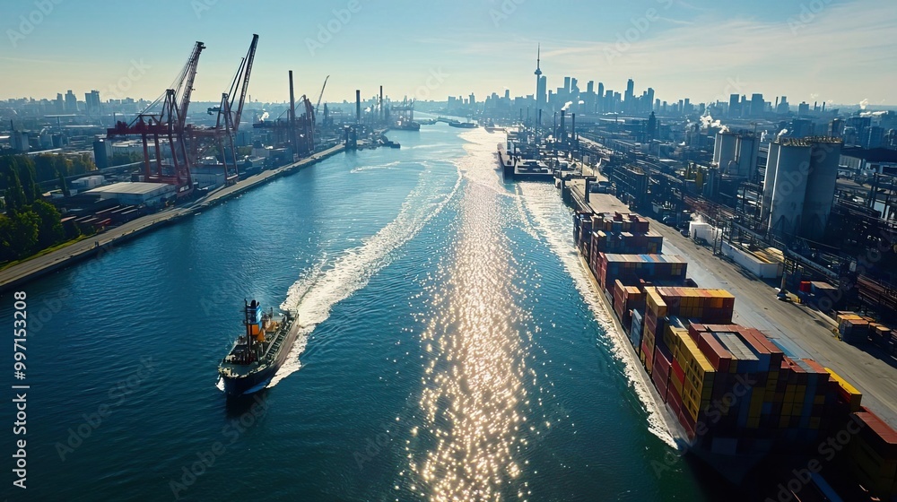 Naklejka premium Sunset over industrial buildings and mountains