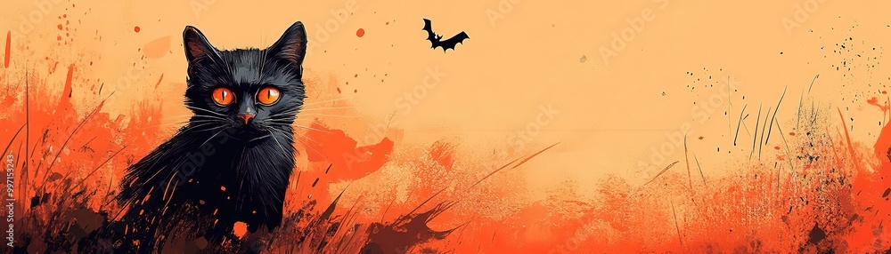 Obraz premium A mysterious black cat with striking orange eyes in an orange and red background, perfect for Halloween and autumn themes.
