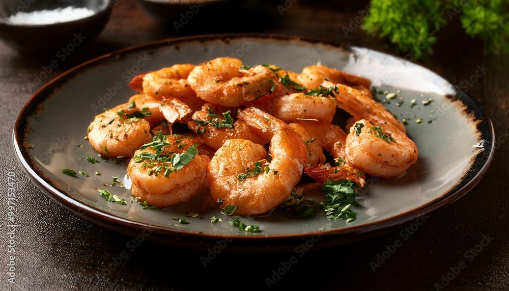 Close-up of a plate with cooked shrimp seasoned with herbs. Generated image Close-up of a plate with cooked shrimp seasoned with herbs. Generated image
