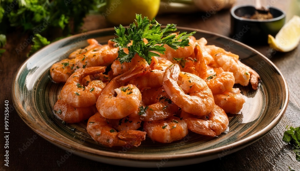 Close-up of a plate with cooked shrimp seasoned with herbs. Generated image Close-up of a plate with cooked shrimp seasoned with herbs. Generated image