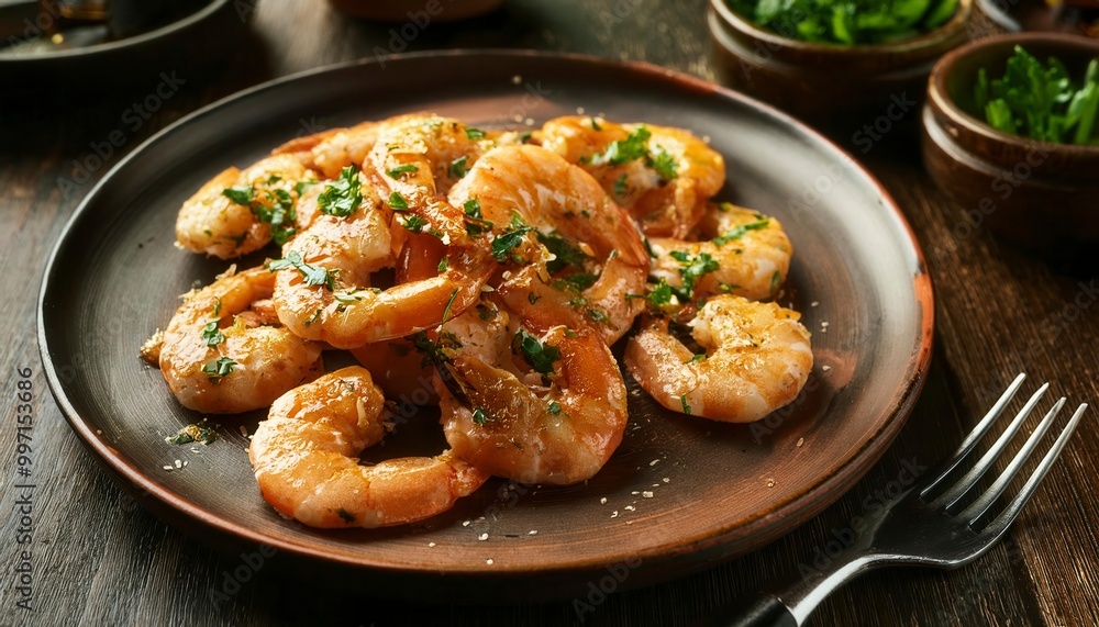 Close-up of a plate with cooked shrimp seasoned with herbs. Generated image Close-up of a plate with cooked shrimp seasoned with herbs. Generated image
