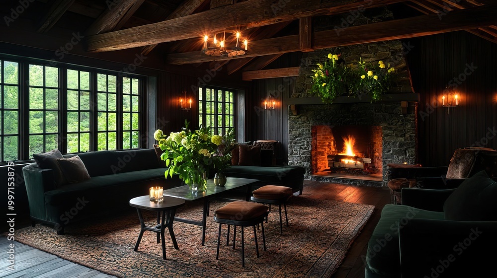 Fototapeta premium A cozy rustic living room featuring a large stone fireplace, wooden beams, and comfortable seating, creating a warm and inviting space perfect for gatherings.