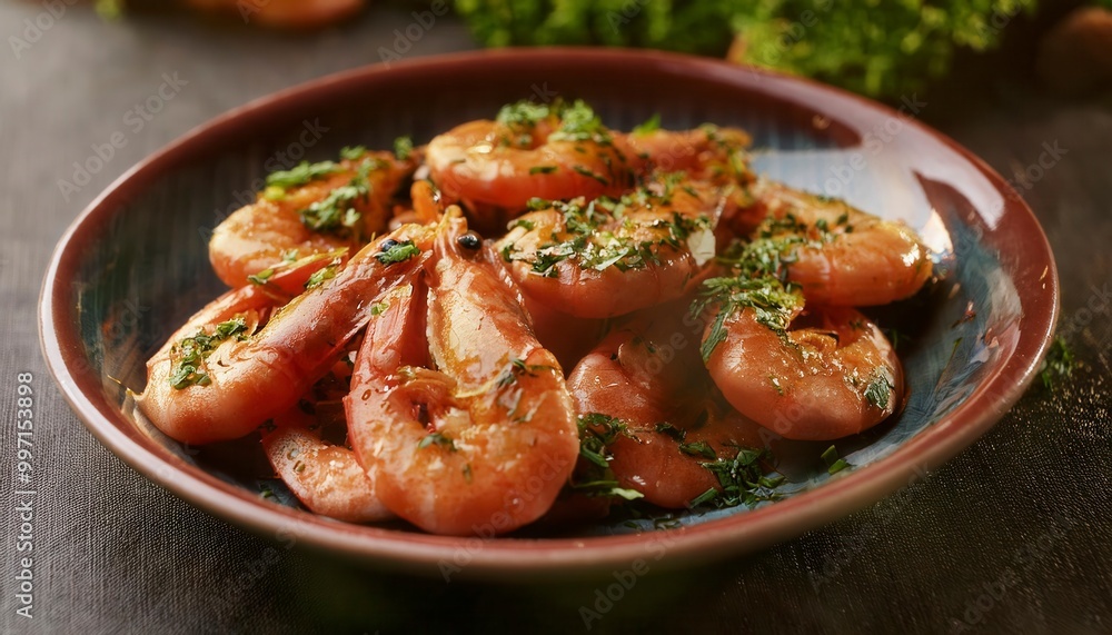 Close-up of a plate with cooked shrimp seasoned with herbs. Generated image Close-up of a plate with cooked shrimp seasoned with herbs. Generated image