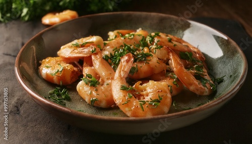 Close-up of a plate with cooked shrimp seasoned with herbs. Generated image