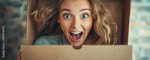 Point-of-view image of a surprised young woman opening a box, thrilled by the contents. photo