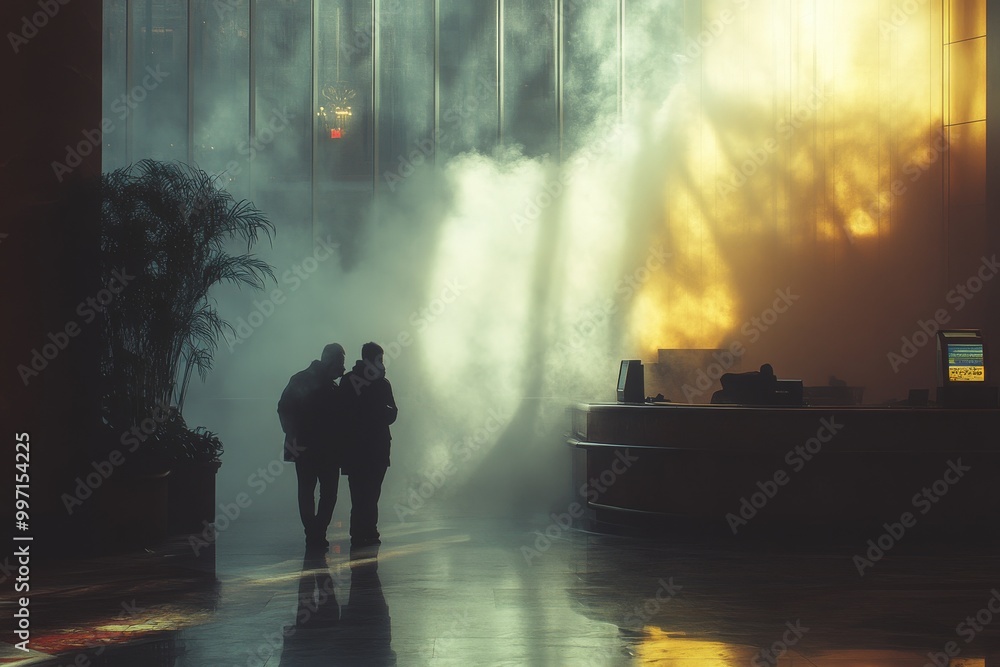 Two people in a hotel lobby, visibly coughing and covering their faces due to poor air quality. Generative AI Two people in a hotel lobby, visibly coughing and covering their faces due to poor air quality. Generative AI