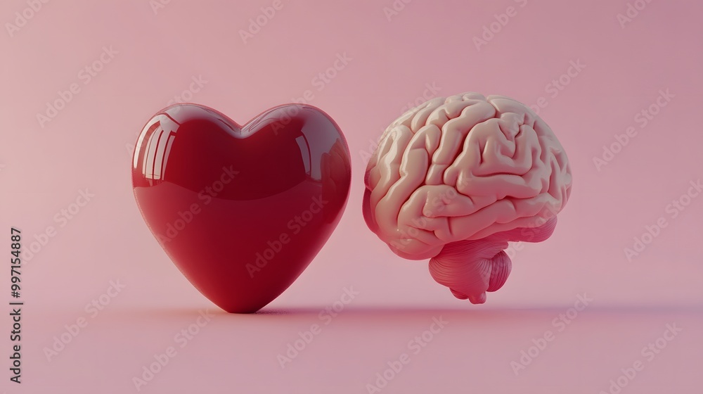 Brain and heart side by side, on a pink background