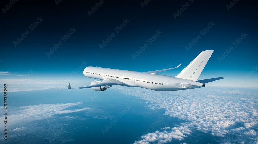 A white passenger plane glides elegantly across a vibrant blue sky, surrounded by wispy clouds, with sunlight highlighting its sleek design during a clear day A white passenger plane glides elegantly across a vibrant blue sky, surrounded by wispy clouds, with sunlight highlighting its sleek design during a clear day