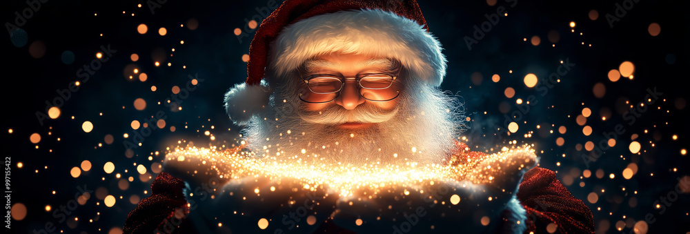 santa claus reading a magical book, winter magic wonderland, christmas banner, holiday spirit santa claus reading a magical book, winter magic wonderland, christmas banner, holiday spirit