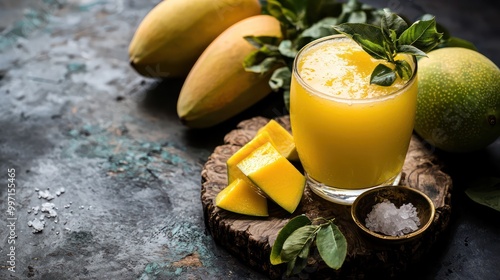 Refreshing traditional Indian summer drink made with raw mangoes, jaggery, and salt known as Aam Panna, shown with ingredients