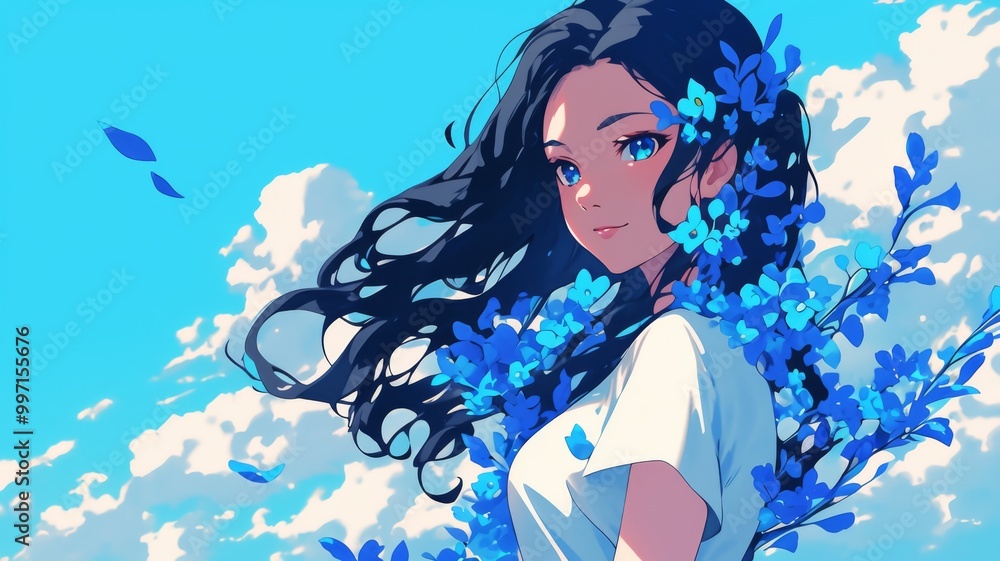 A beautiful girl with long black hair surrounded by blue flowers A beautiful girl with long black hair surrounded by blue flowers