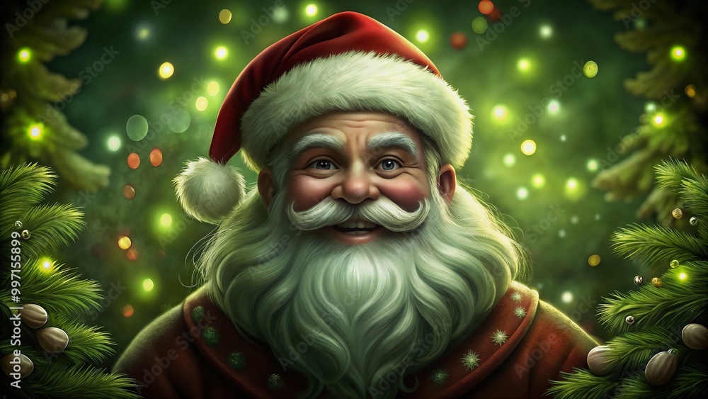 Close-up of Santa Claus with a joyful expression, wearing his iconic red suit and hat, festive background with blurred lights Close-up of Santa Claus with a joyful expression, wearing his iconic red suit and hat, festive background with blurred lights