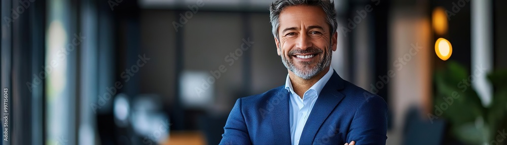 Confident businessman in a modern office, smiling and poised, representing success and professionalism. Confident businessman in a modern office, smiling and poised, representing success and professionalism.