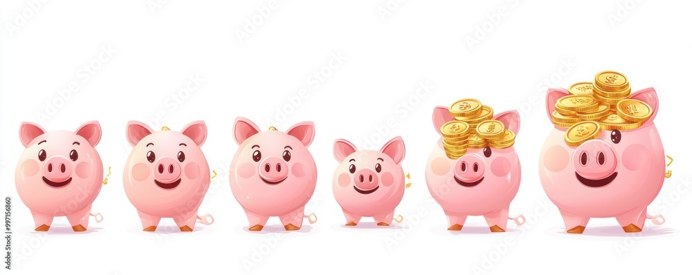 Set of realistic vector illustrations depicting a collection of pink piggy banks filled with gold coins, representing secure financial growth. Set of realistic vector illustrations depicting a collection of pink piggy banks filled with gold coins, representing secure financial growth.