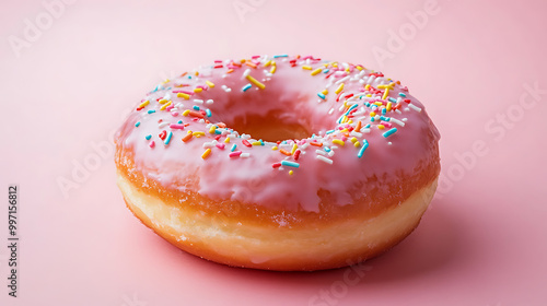 Donut with glazed coating and colorful sprinkles, soft and airy texture, professional food photograph