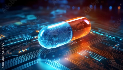 A computer chip with pills on it. Generated image