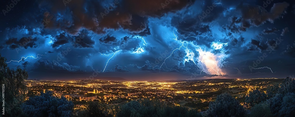 A stunning panorama of a thunderstorm over a vibrant city, showcasing dramatic clouds and bright lightning.