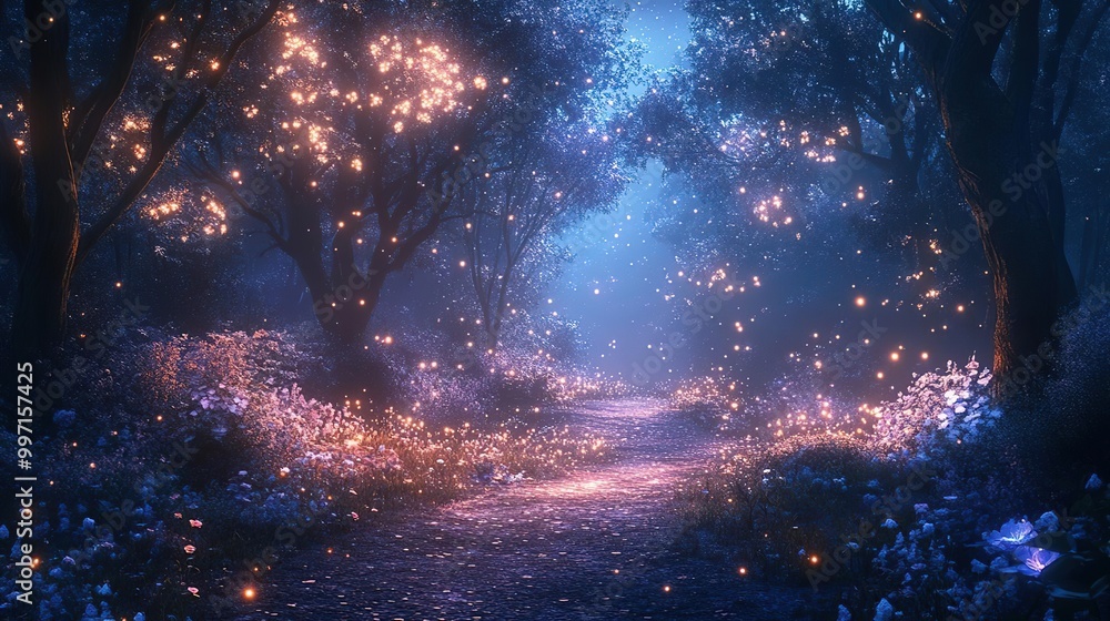 A magical forest filled with glowing lights, surrounded by vibrant flowers and a serene path, capturing the essence of tranquility. A magical forest filled with glowing lights, surrounded by vibrant flowers and a serene path, capturing the essence of tranquility.