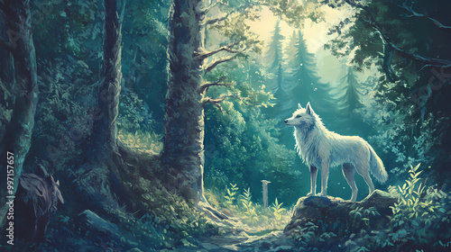 Detailed forest landscape: elf druid and animal companion spirit. Druid Grove. Illustration photo