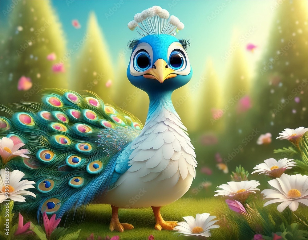 Naklejka premium A Beautiful Peacock in a Meadow of Flowers
