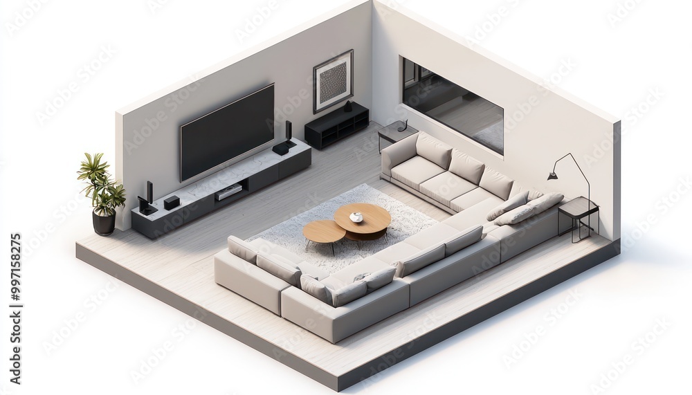 Spacious living room with sectional sofa and entertainment center, shown in an isometric 3D render, on an isolated white background.