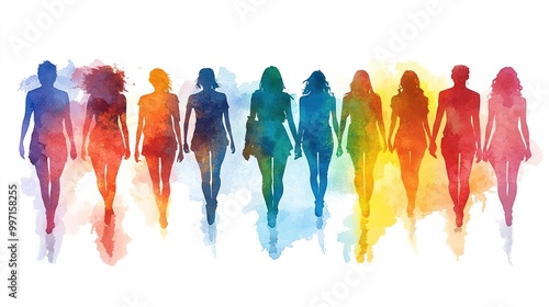 Wallpaper Mural A vibrant watercolor illustration of silhouettes walking in a colorful line, symbolizing diversity and unity in movement. Torontodigital.ca