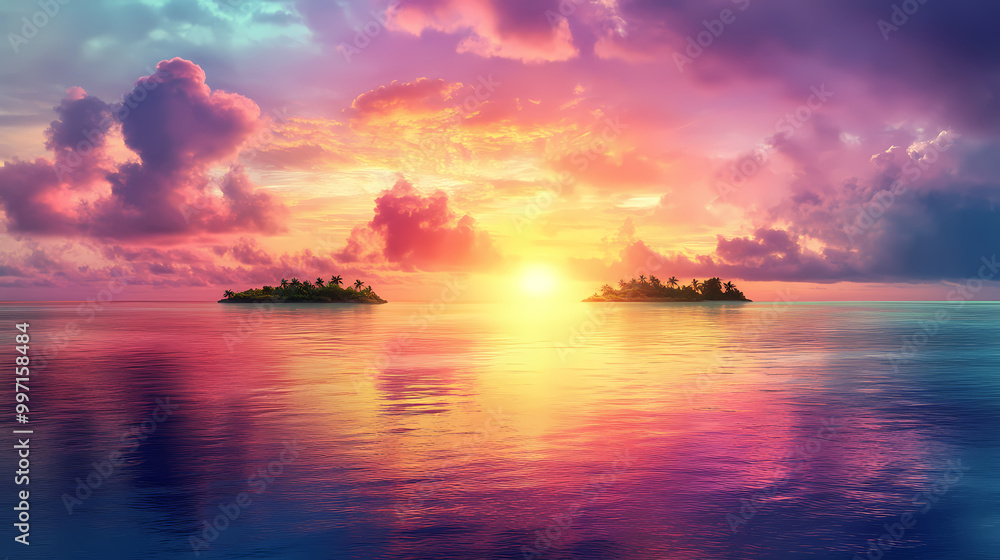 An ultra hd view of a nature coral atoll at sunrise, the sky glowing with vibrant colors and the water reflecting the light. Coral Atoll. Illustration An ultra hd view of a nature coral atoll at sunrise, the sky glowing with vibrant colors and the water reflecting the light. Coral Atoll. Illustration