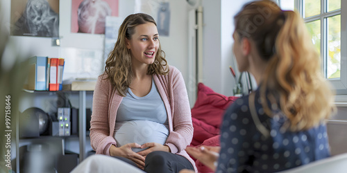 Pregnant woman during medical consultation in a healthcare setting, Maternity care visit with pregnant woman discussing health with a doctor, Young doctor with pregnant woman in clinic