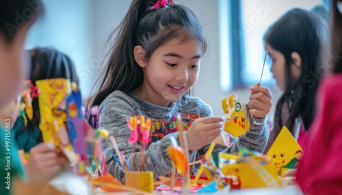 Students from different cultures engaging in a craft-making workshop, creating vibrant crafts and exchanging cultural stories.