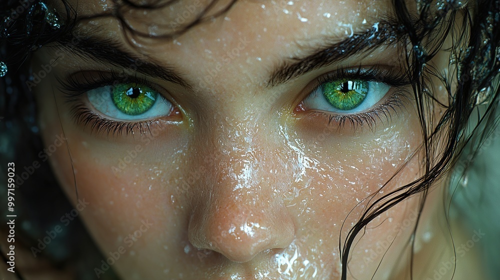 Close-up Portrait of a Woman with Green Eyes and Wet Skin Close-up Portrait of a Woman with Green Eyes and Wet Skin