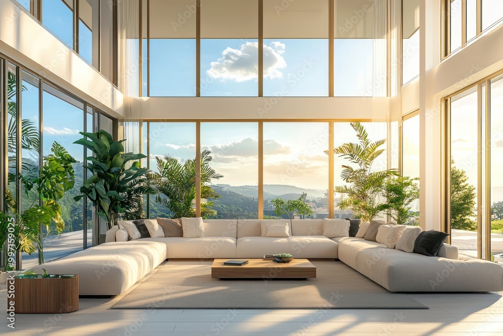 Fototapeta premium Sunlit luxury living room with modern decor and expansive windows.