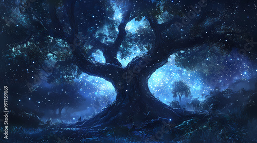 Ancient druid grove under starlight, magic and mystery blend. Druid Grove. Illustration photo