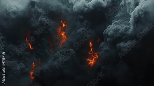 Orange flames and grey smoke rising into the dark air, creating a dramatic and intense atmosphere. Concept: Fire and destruction.