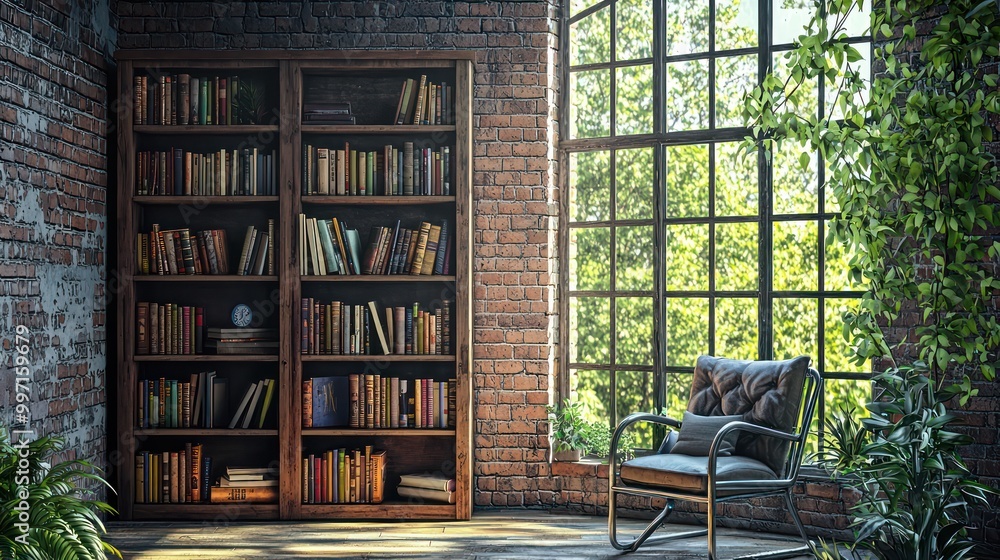 A cozy industrial-style reading nook with a wooden bookshelf, a metal armchair, and a brick wall with a large window